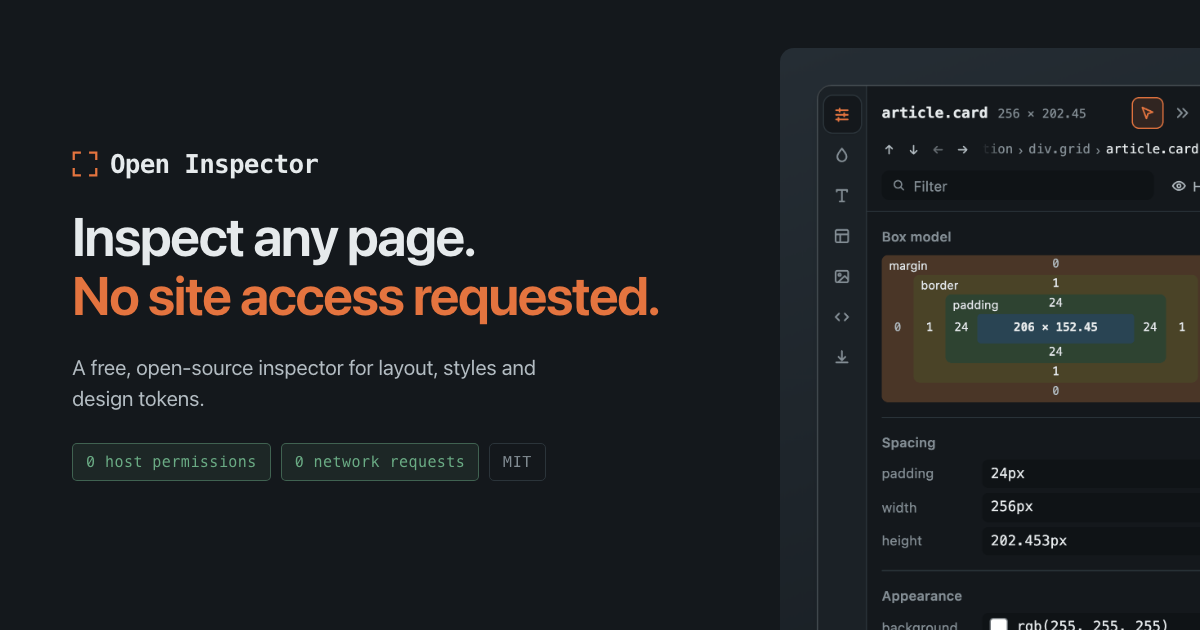 Open Inspector browser extension card showing the inspector panel on a page